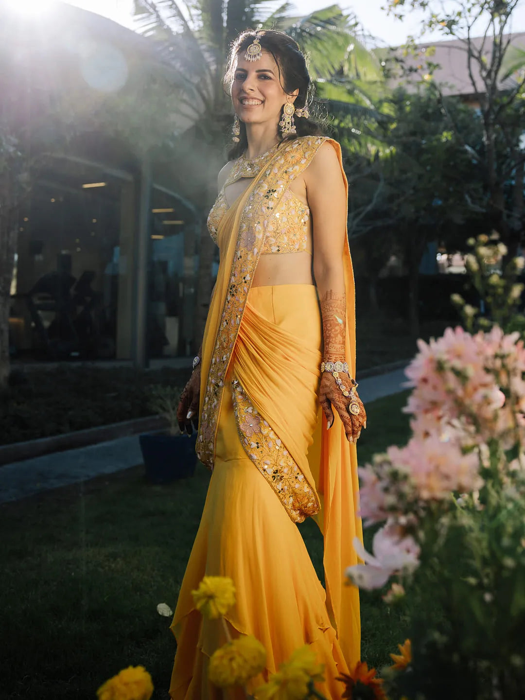 Yellow drape saree with embroidred blouse set