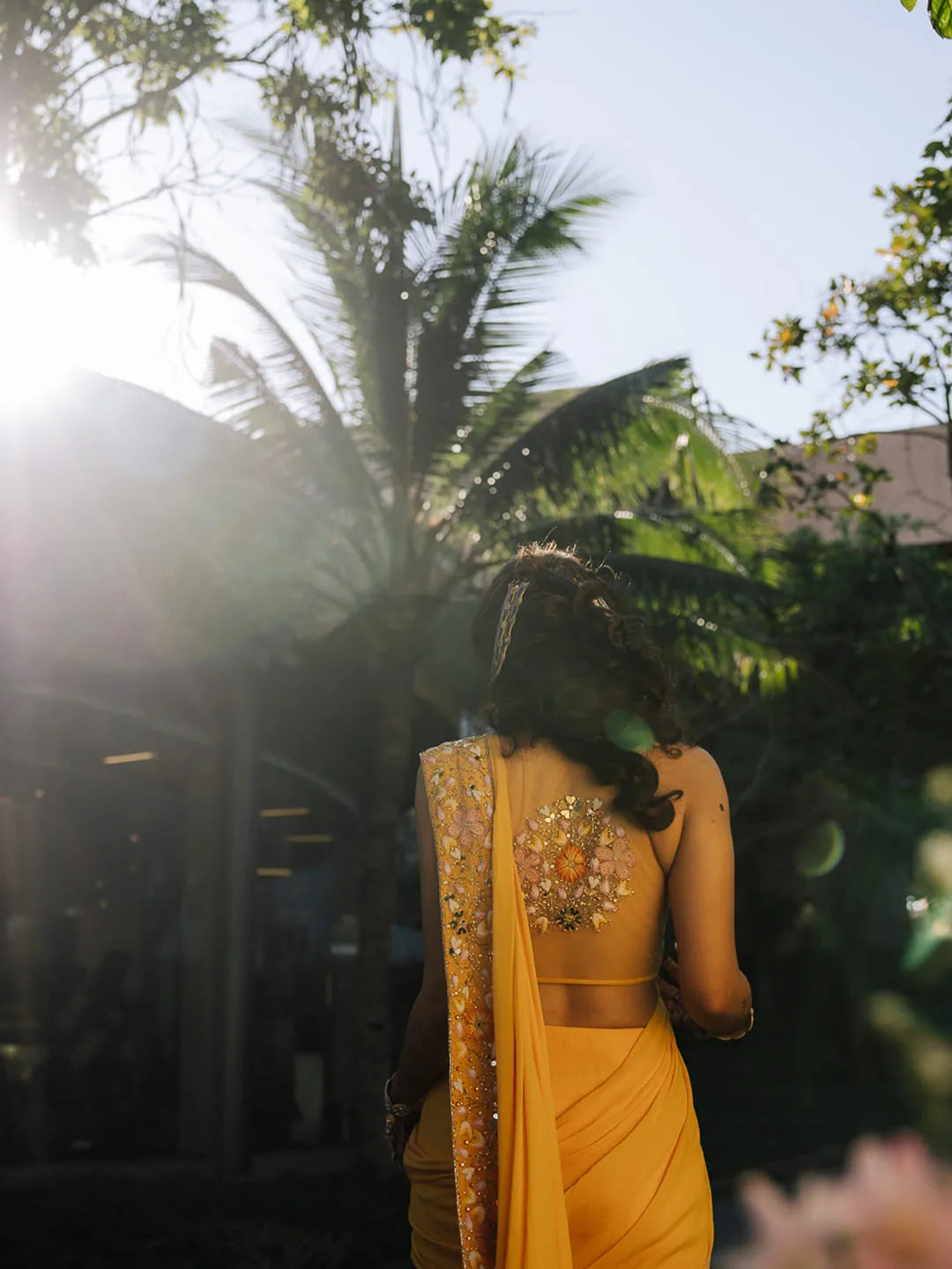 Yellow drape saree with embroidred blouse set