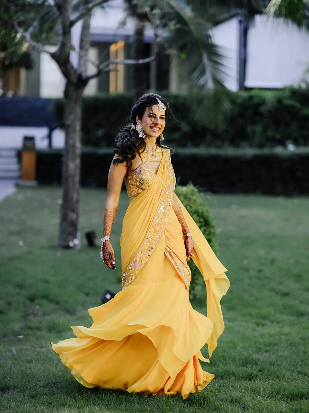 Yellow drape saree with embroidred blouse set