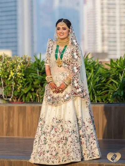 Ivory mini pearl and resham lehenga