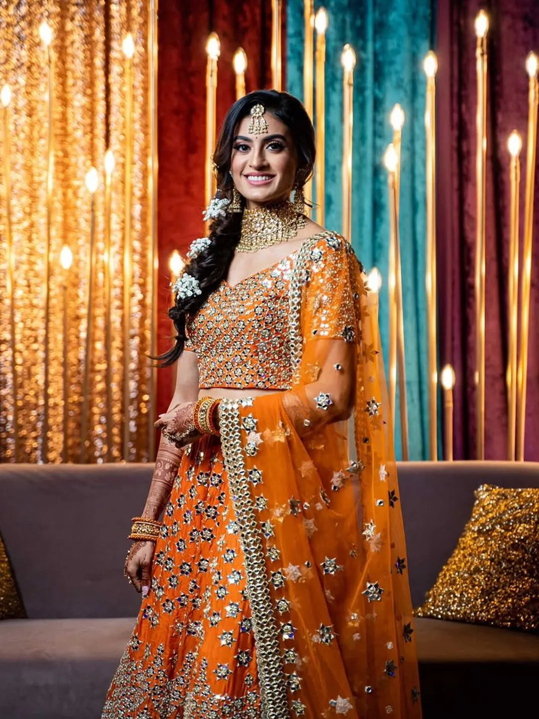 Orange Mirror work Lehenga