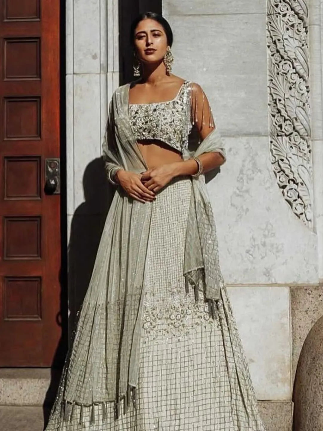 Dusty Sage green glass beaded lehenga
