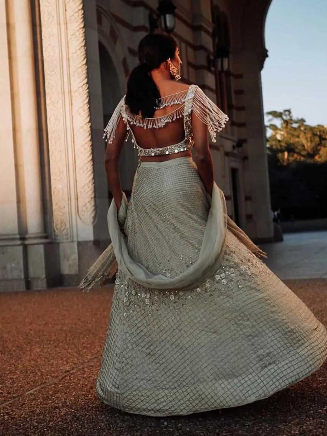 Dusty Sage green glass beaded lehenga