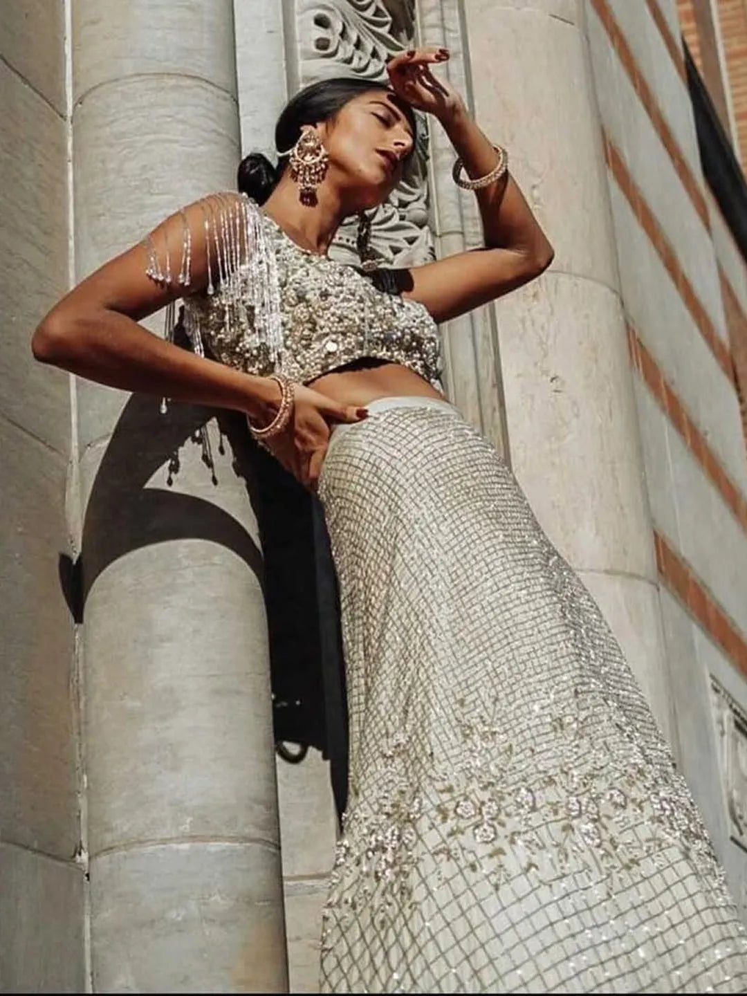 Dusty Sage green glass beaded lehenga