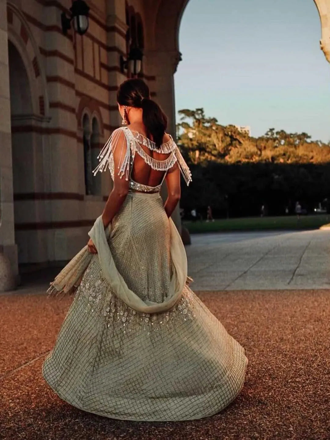 Dusty Sage green glass beaded lehenga