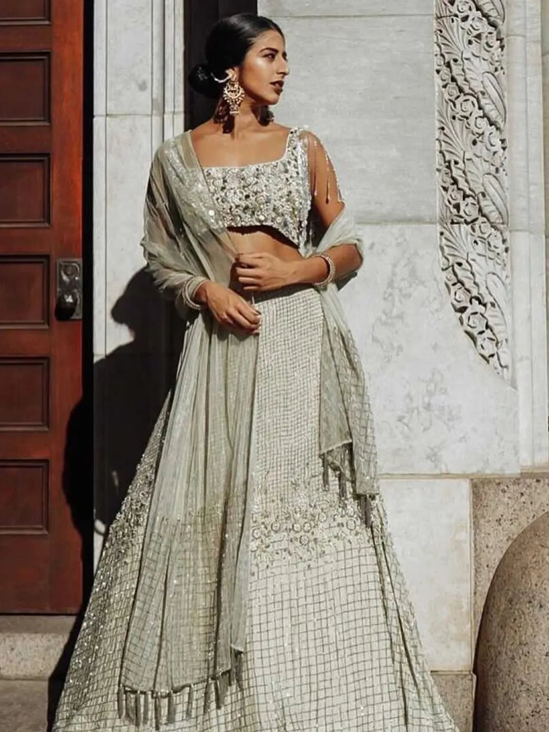 Dusty Sage green glass beaded lehenga