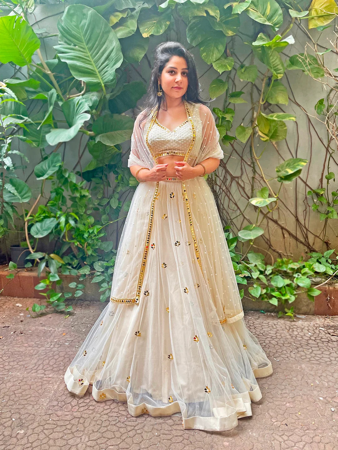 Ivory acrylic  embroidered blouse and lehenga set