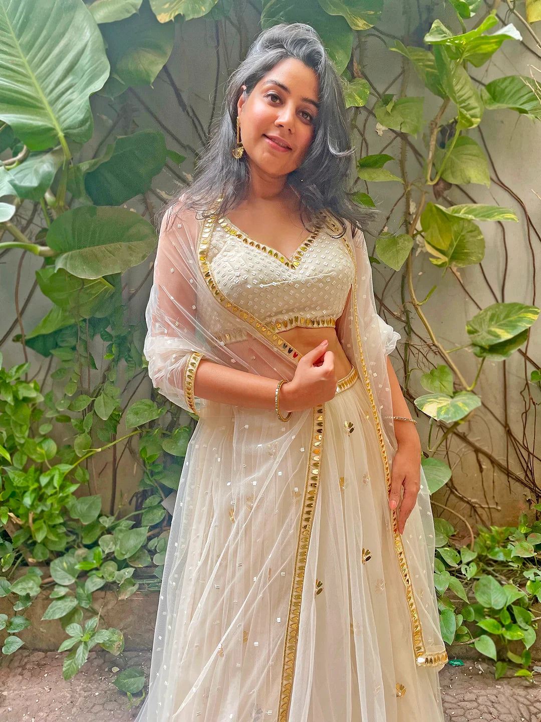 Ivory acrylic  embroidered blouse and lehenga set