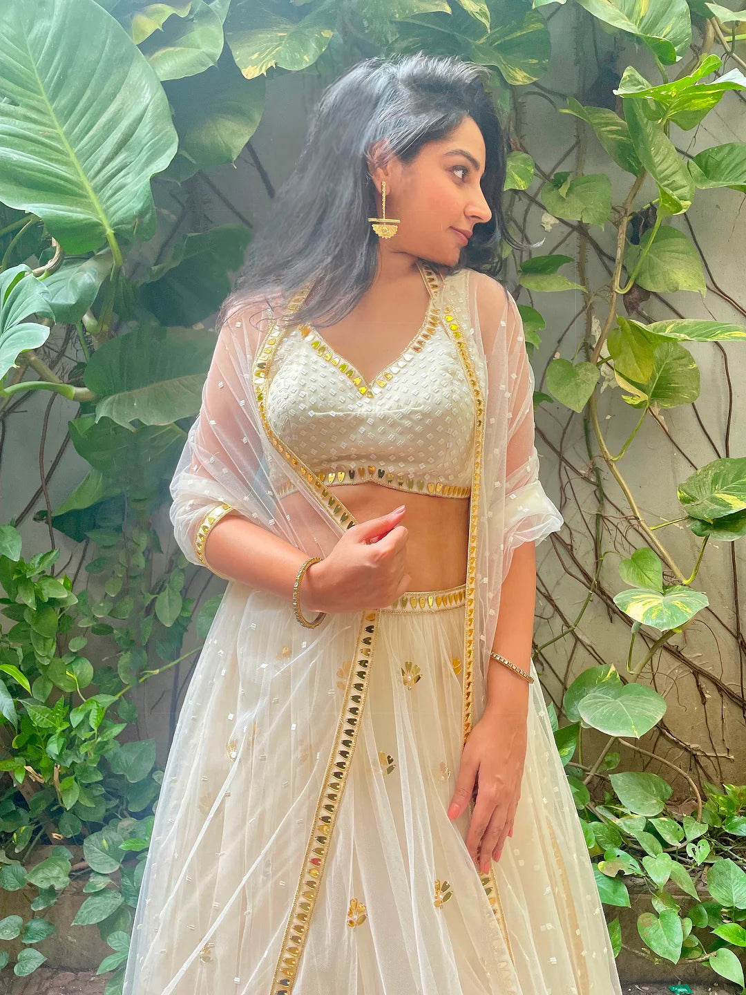 Ivory acrylic  embroidered blouse and lehenga set