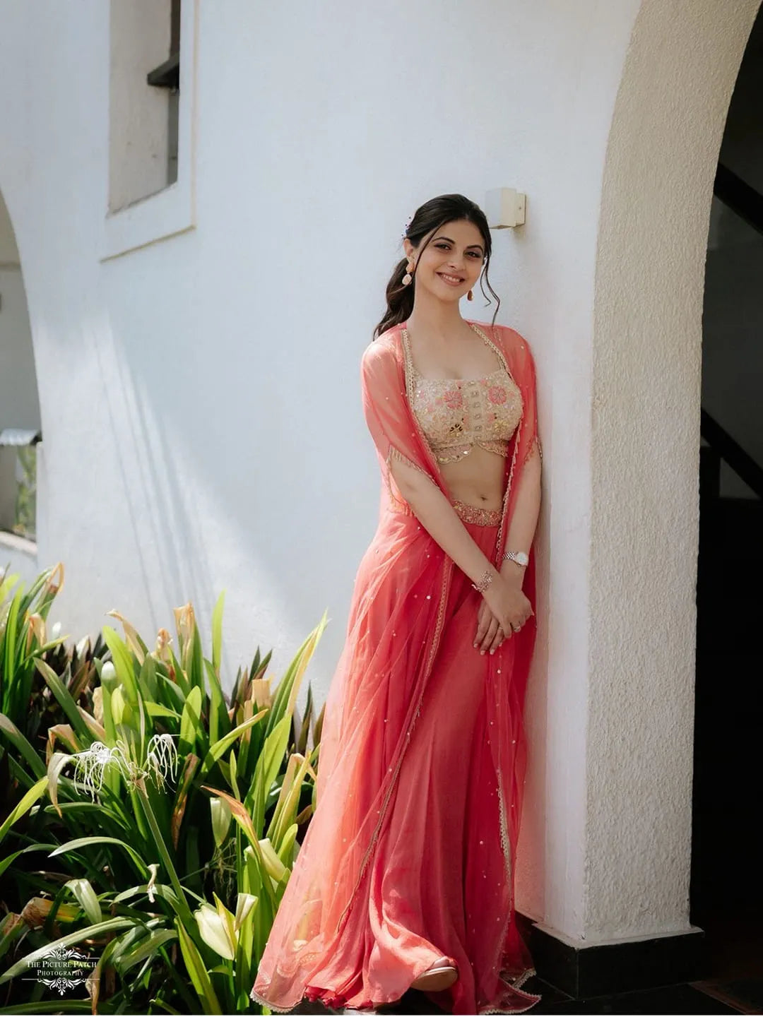 Coral pallazo with embroidered blouse and cape set