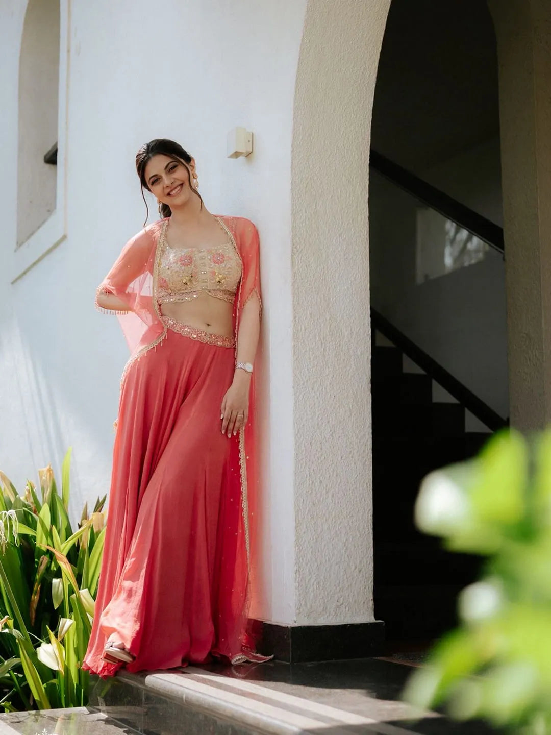 Coral pallazo with embroidered blouse and cape set