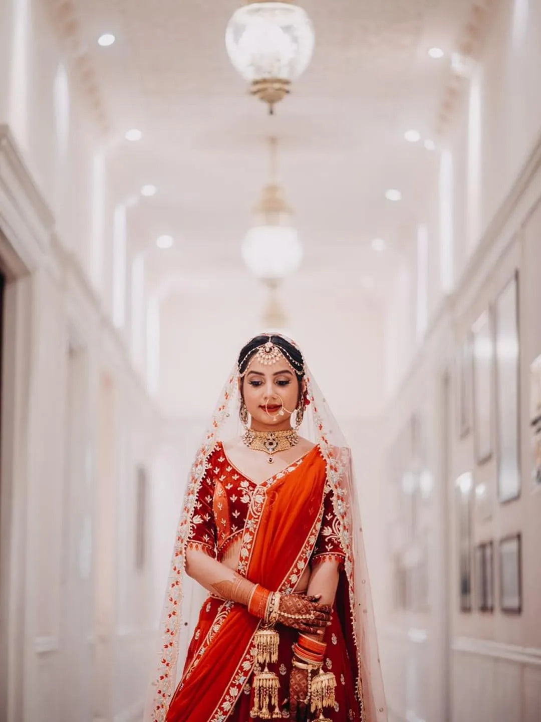 Red bridal embroidered lehenga and blouse with two dupptta set