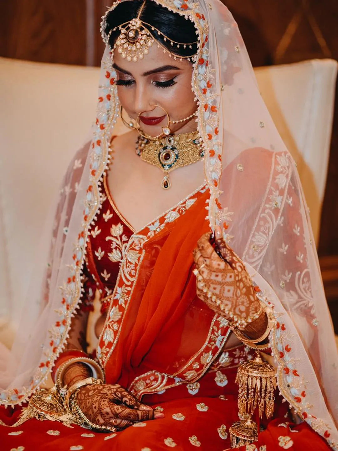 Red bridal embroidered lehenga and blouse with two dupptta set