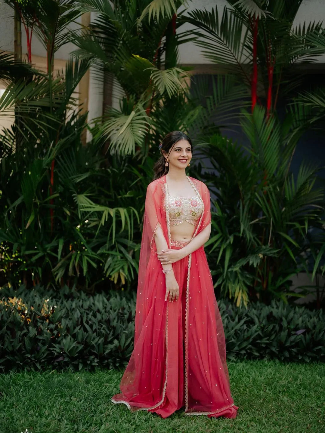 Coral pallazo with embroidered blouse and cape set