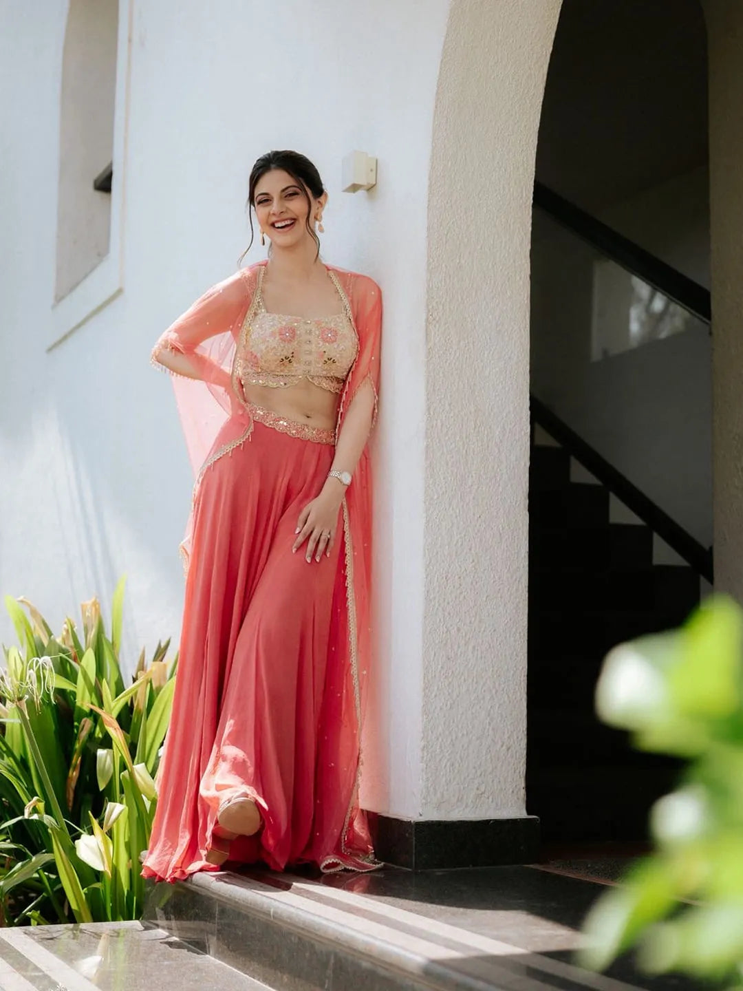 Coral pallazo with embroidered blouse and cape set