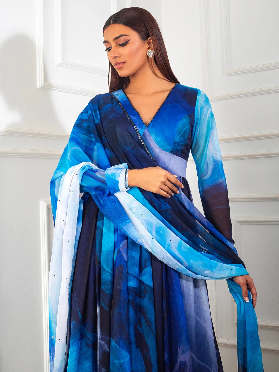 Blue Printed Anarkali Set