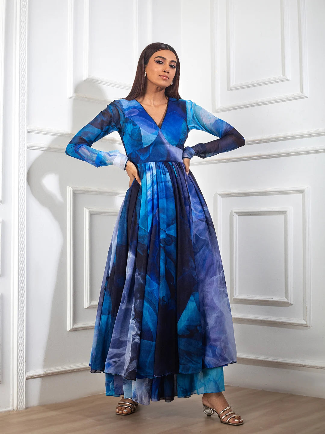 Blue Printed Anarkali Set