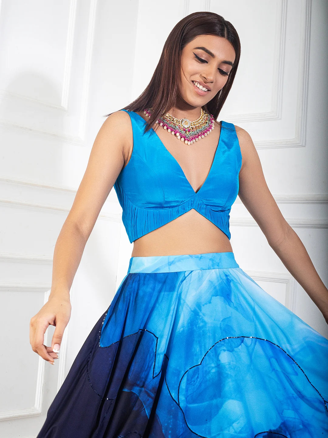 Teal Blue with Printed Skirt Set