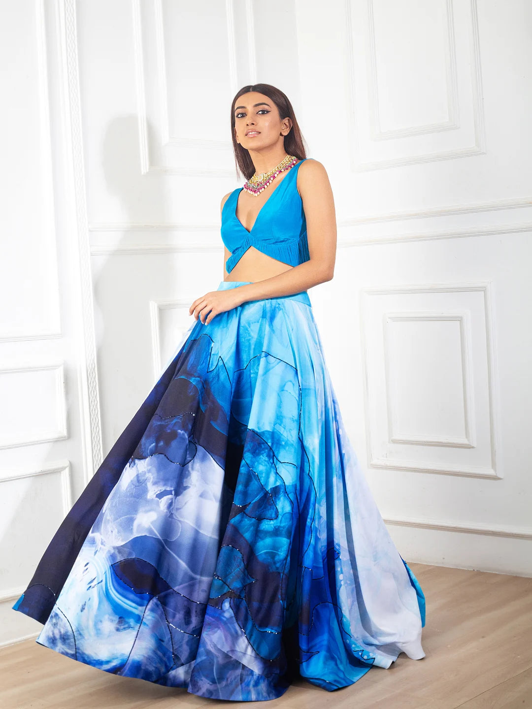 Teal Blue with Printed Skirt Set